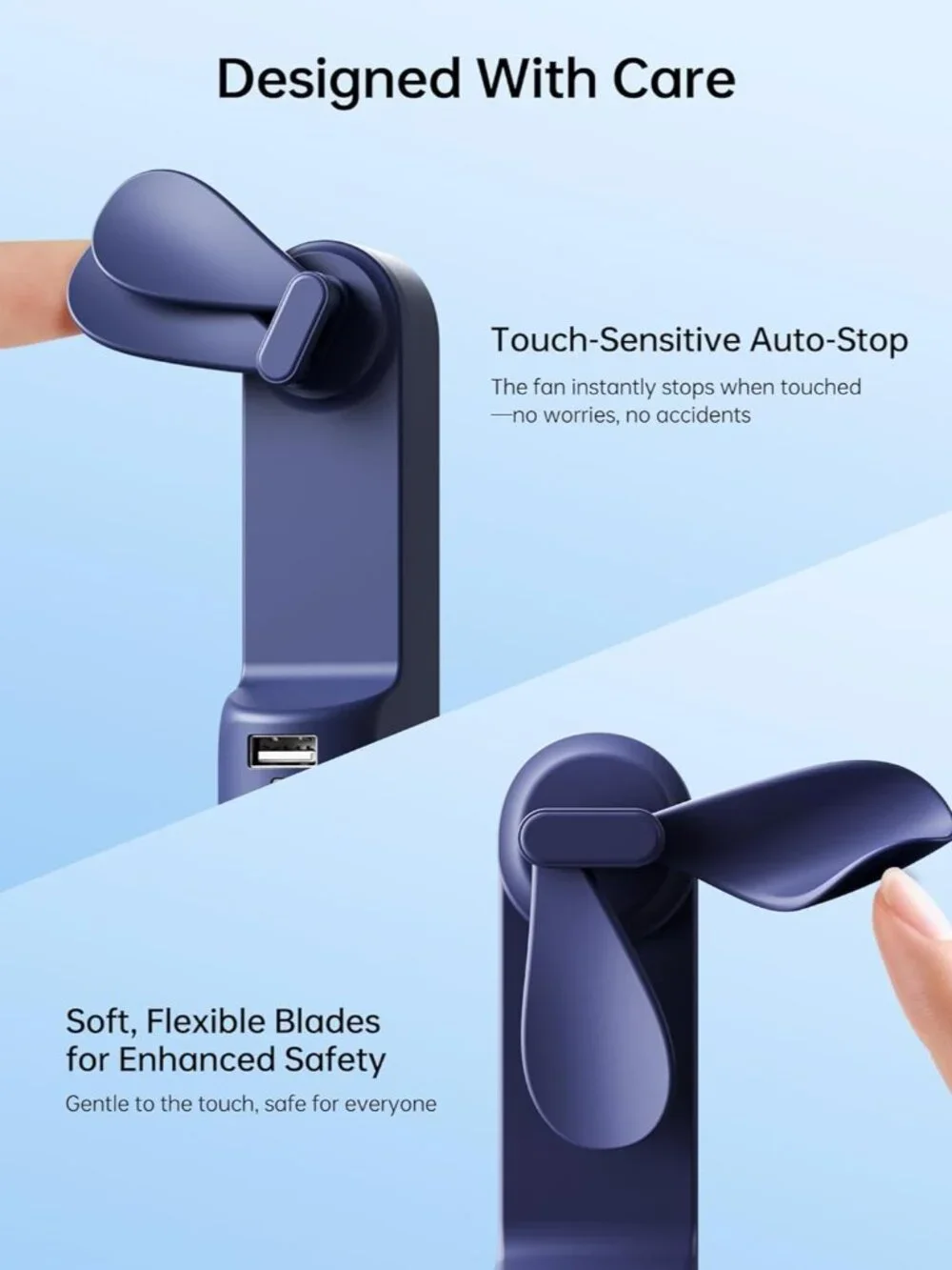 Stylish Dark Blue USB Fan: Rechargeable with Power Bank & Flashlight Features